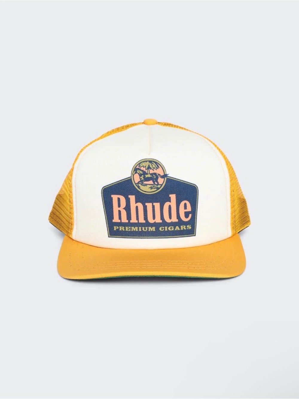 Rhude Yellow & White Mesh Trucker Hat with Logo Patch